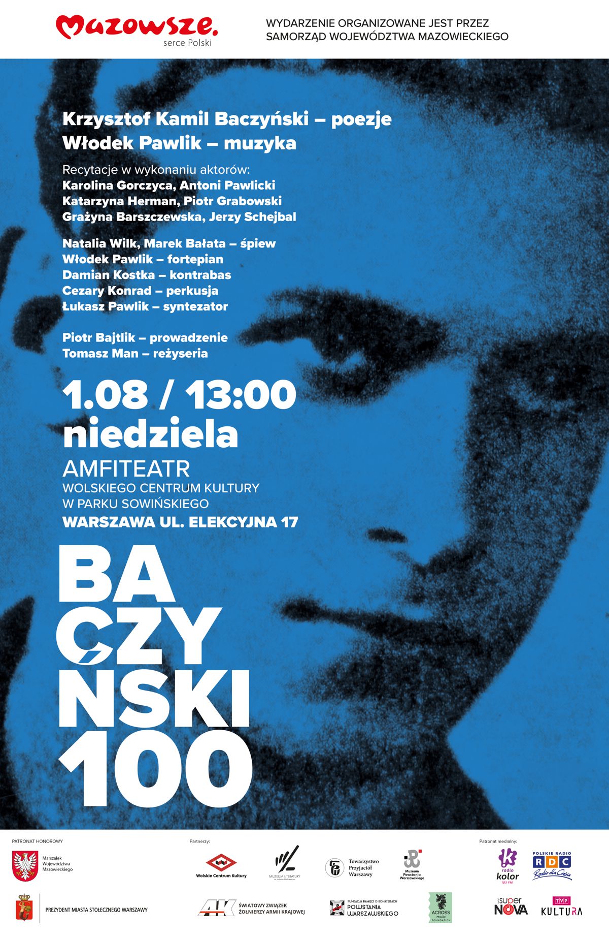 Plakat przedstawia Krzysztofa Baczyńskiego zawierający dane na temat wydarzenia